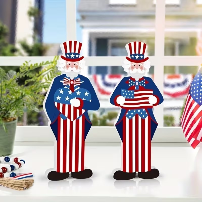 4th of July Wooden Uncle Sam Tabletop Decor 8″ – 2 Piece Set