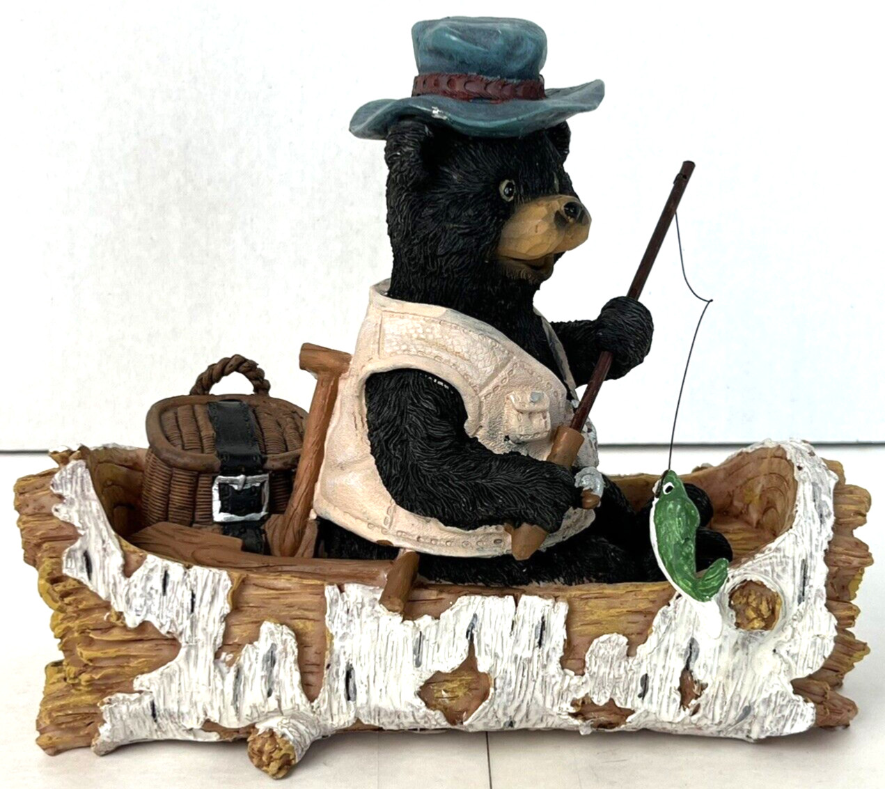 Fishing Bear Figurine Birch Tree Canoe Boat Vtg Cabin Lake House Decor
