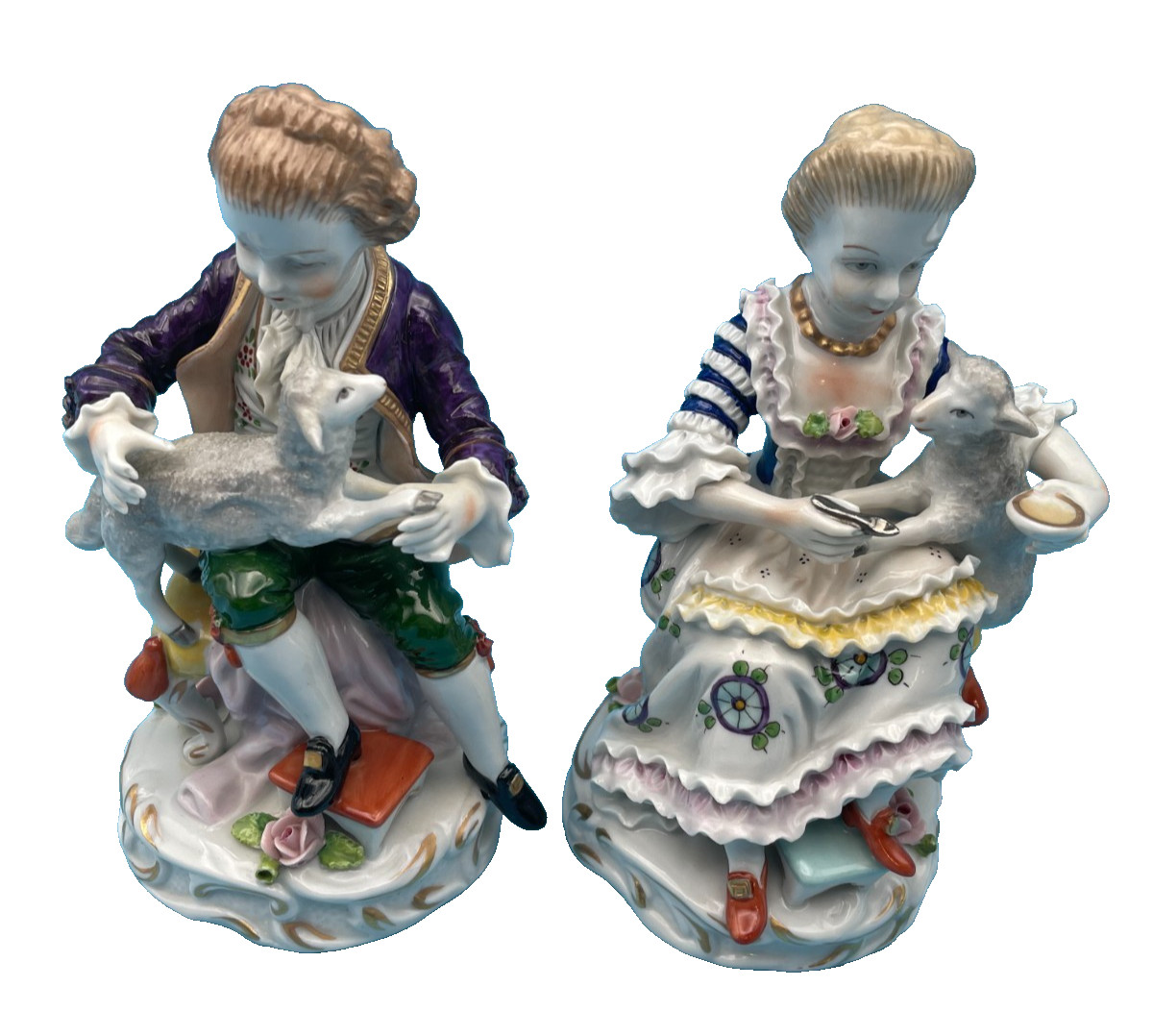 Beautiful Sitzendorf Boy Holding a Lamb & Girl Holding & Feeding a Lamb