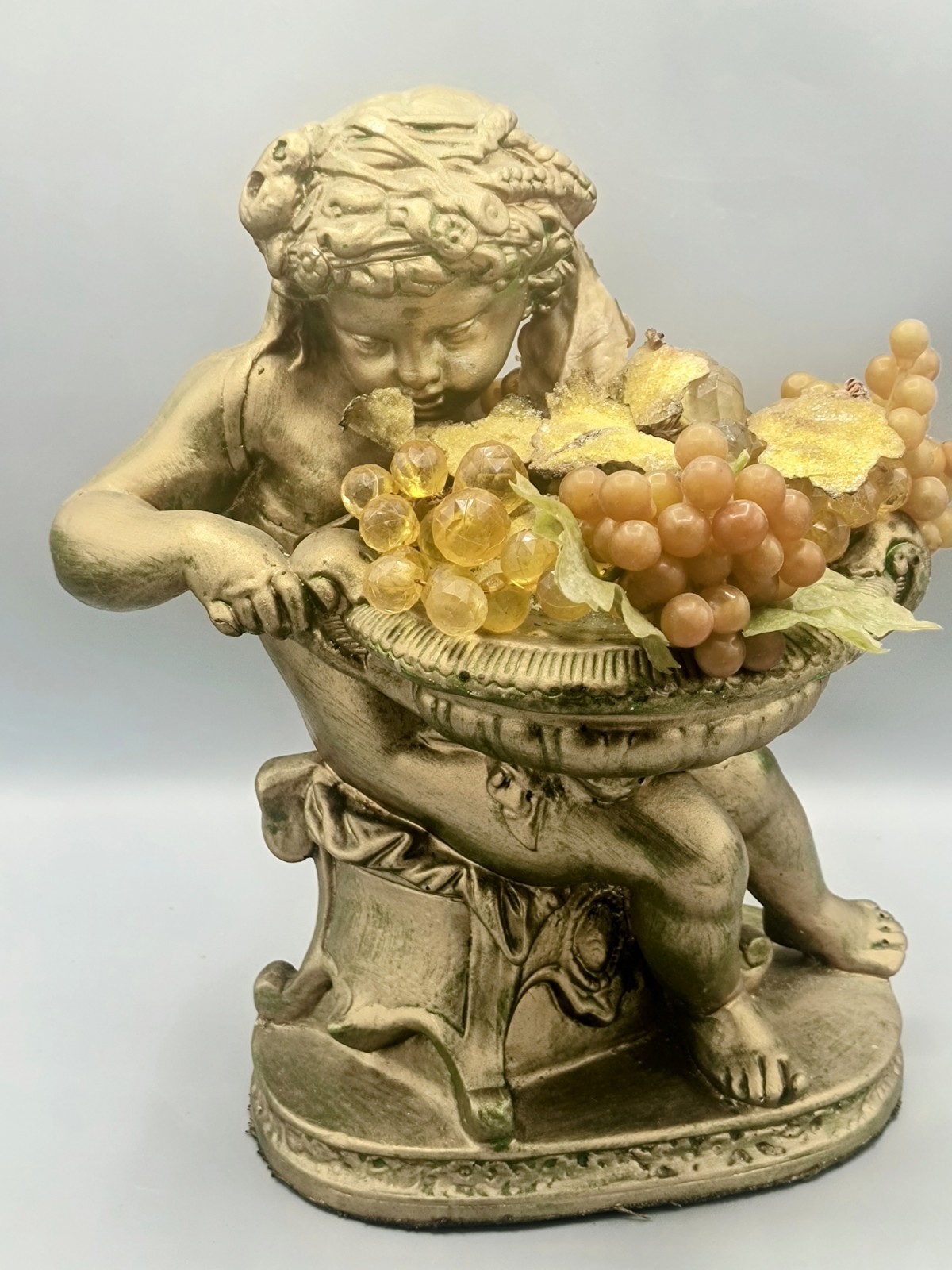 Vintage Plaster Cherub Statue 12″ Antique Gold Pained w/Fruit Bowl Lucite Grapes
