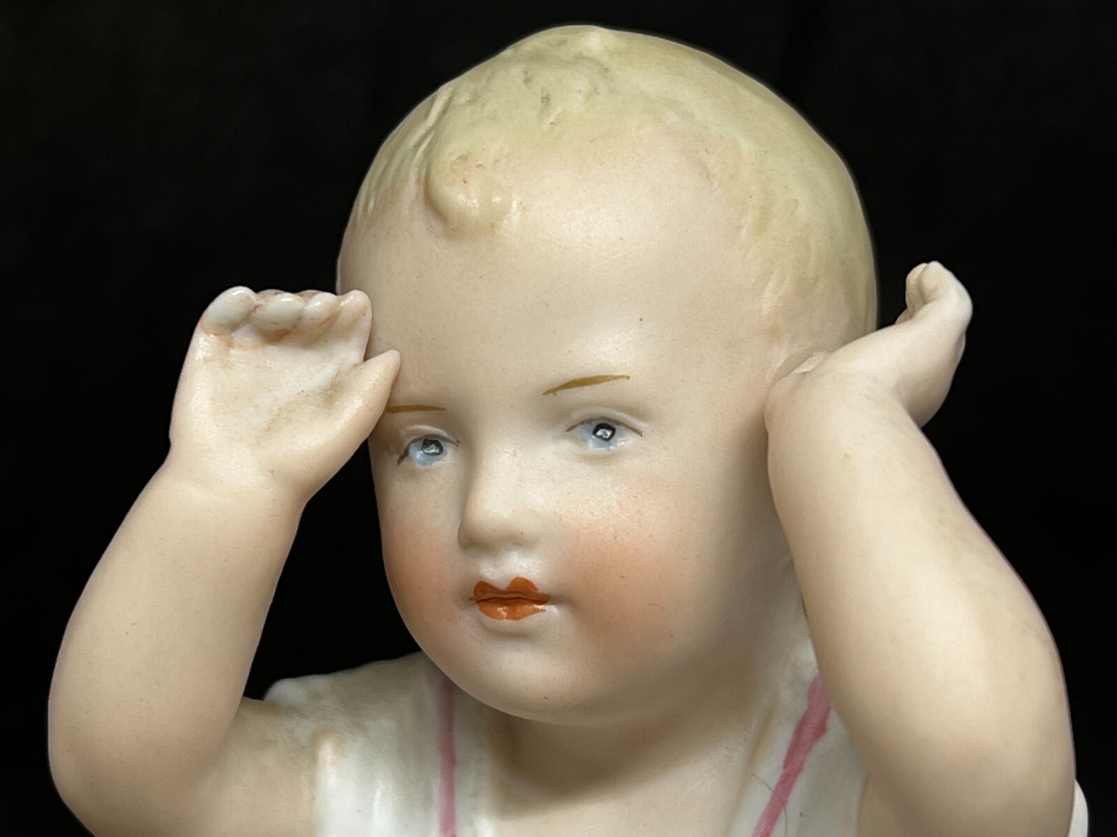 Gebruder Heubach-German Porcelain Bisque-Sitting-Hands Up Piano Baby 4 1/2″