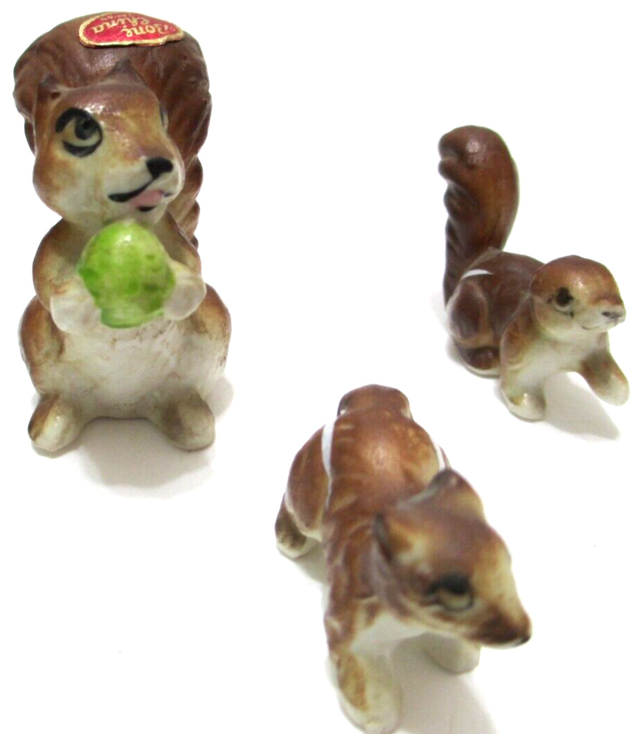 Vintage Bone China Miniature Squirrel Family SET OF 3 One with Nut 1 3/4″ Tall