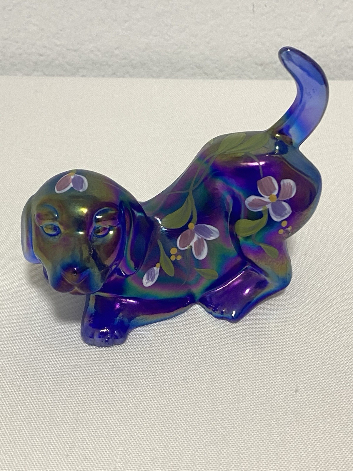 Fenton Cobalt Blue Puppy Carnival Glass Iridescent Hand Painted & Signed Vintage