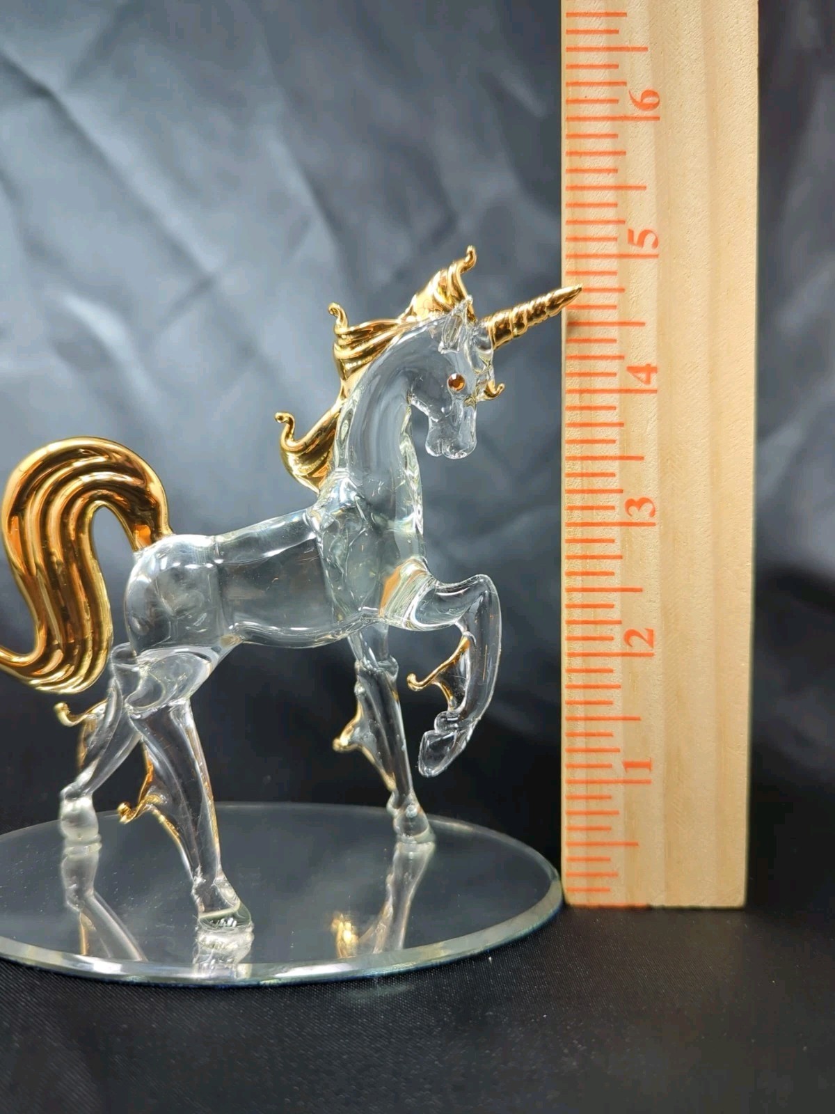 Clear Glass Unicorn Figurine + Mirror Base Gold Detail Mythical Fantasy Figure