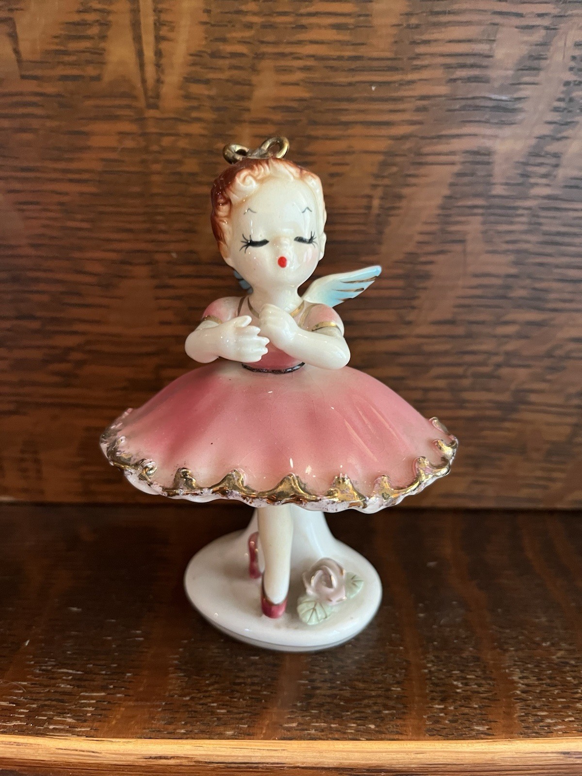 Vintage Arnart Tamchin Angel Ballerina Figurine PInk Dress Gold Trim Marked 7536