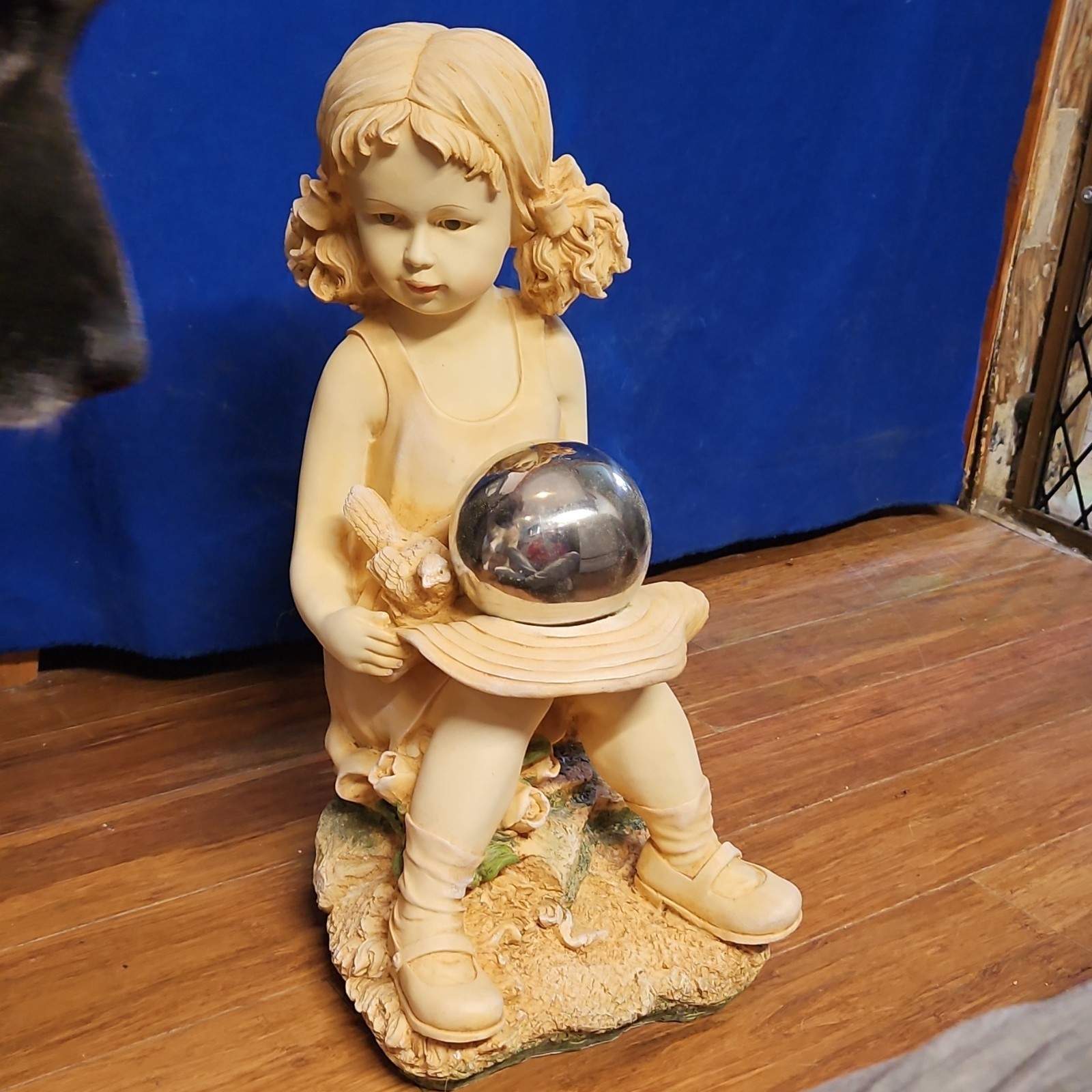 Girl Resin Figurine Sculpture with Hat Silver Painted Finish Boxed