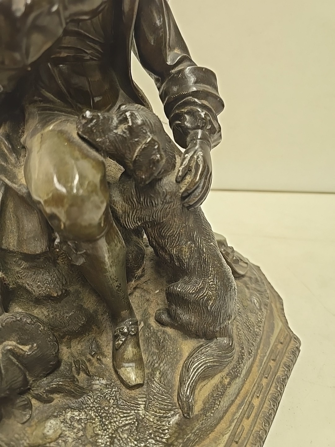 Antique 14″ Victorian European Spelter Sculpture Of Piper Man With Dog Statue