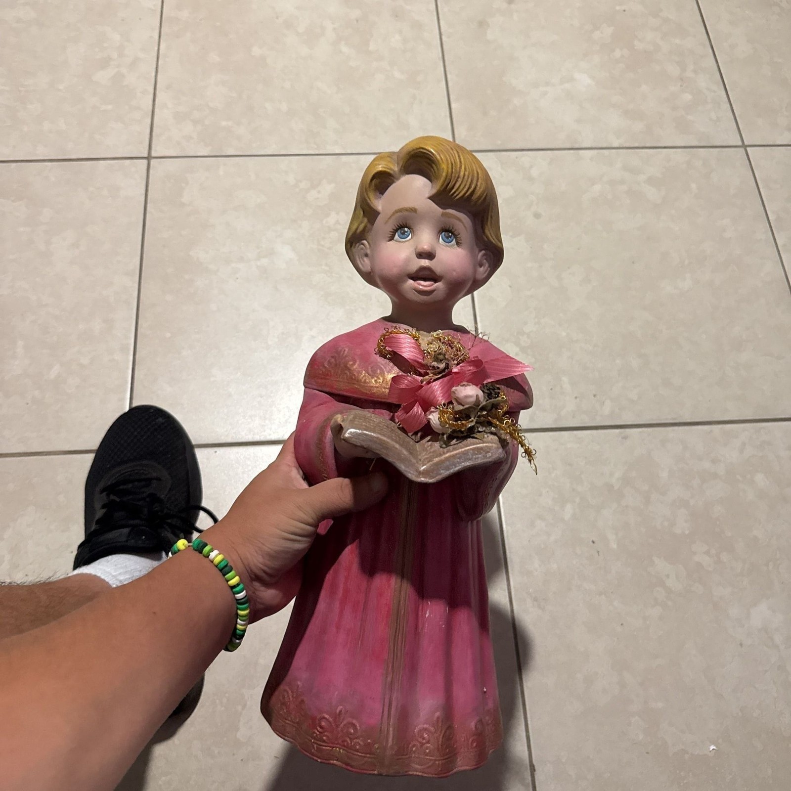 Vintage Ceramic Child Angel Figurine with Book and Flowers, Pink Robe