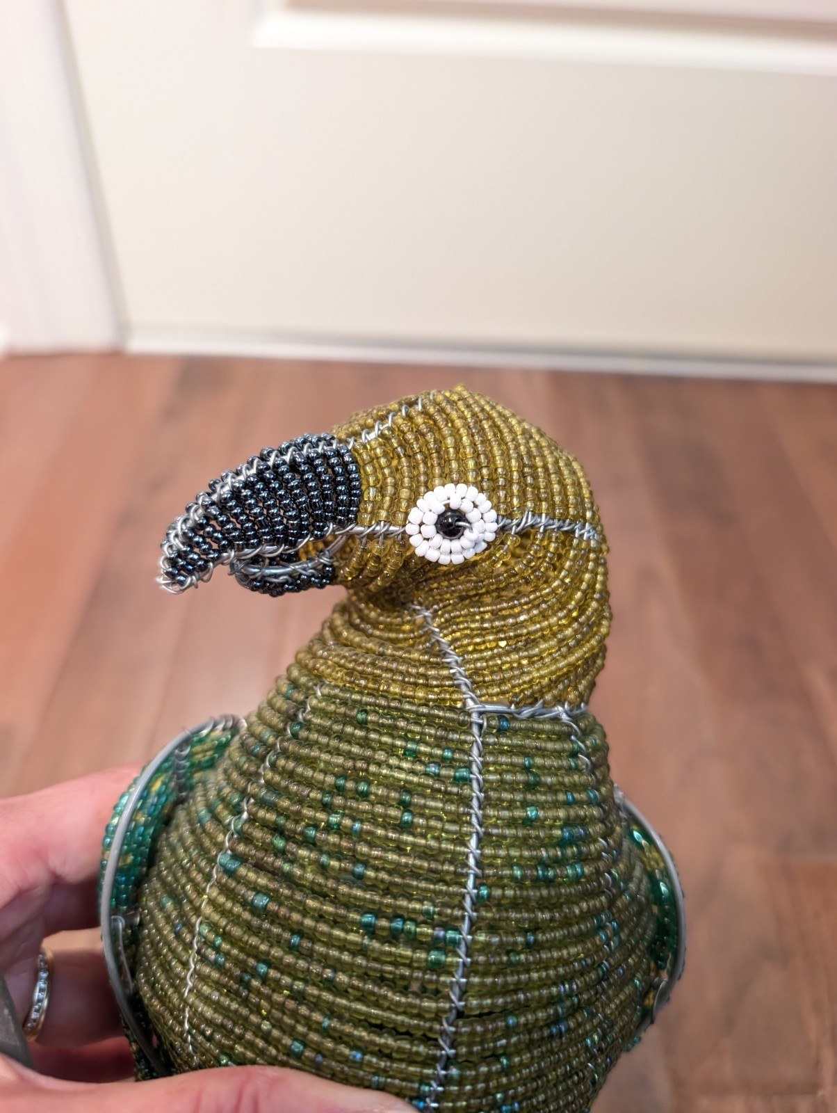Grass Roots BeadWorx Beaded Wire Sculpture Green Parrot Bird ~11” X 9” X 7″
