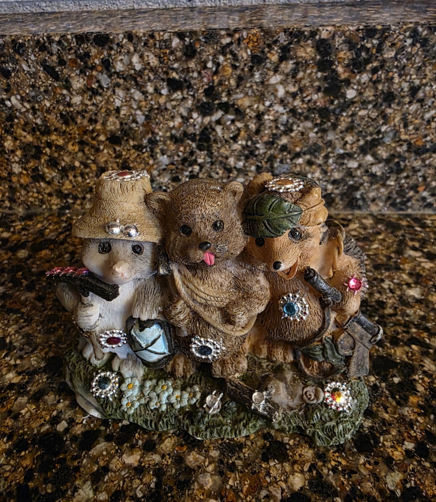 Resin Bear Figurine Trio Hand Painted Multicolor Faux Jewels Animals Collectible