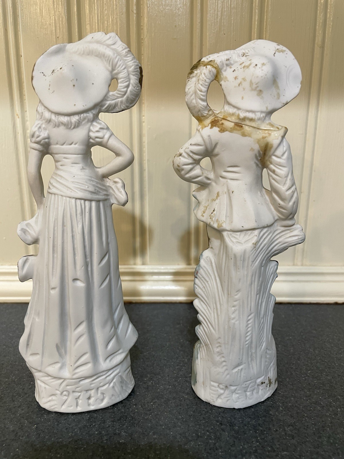 White & Gold Painted Ceramic Man & Woman Figurines, Set of 2