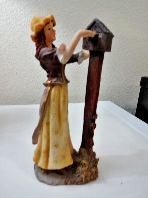 Girl Feeding Bird Hand Painted Matte Finish Plaster Composite Wood 7′ Figurine
