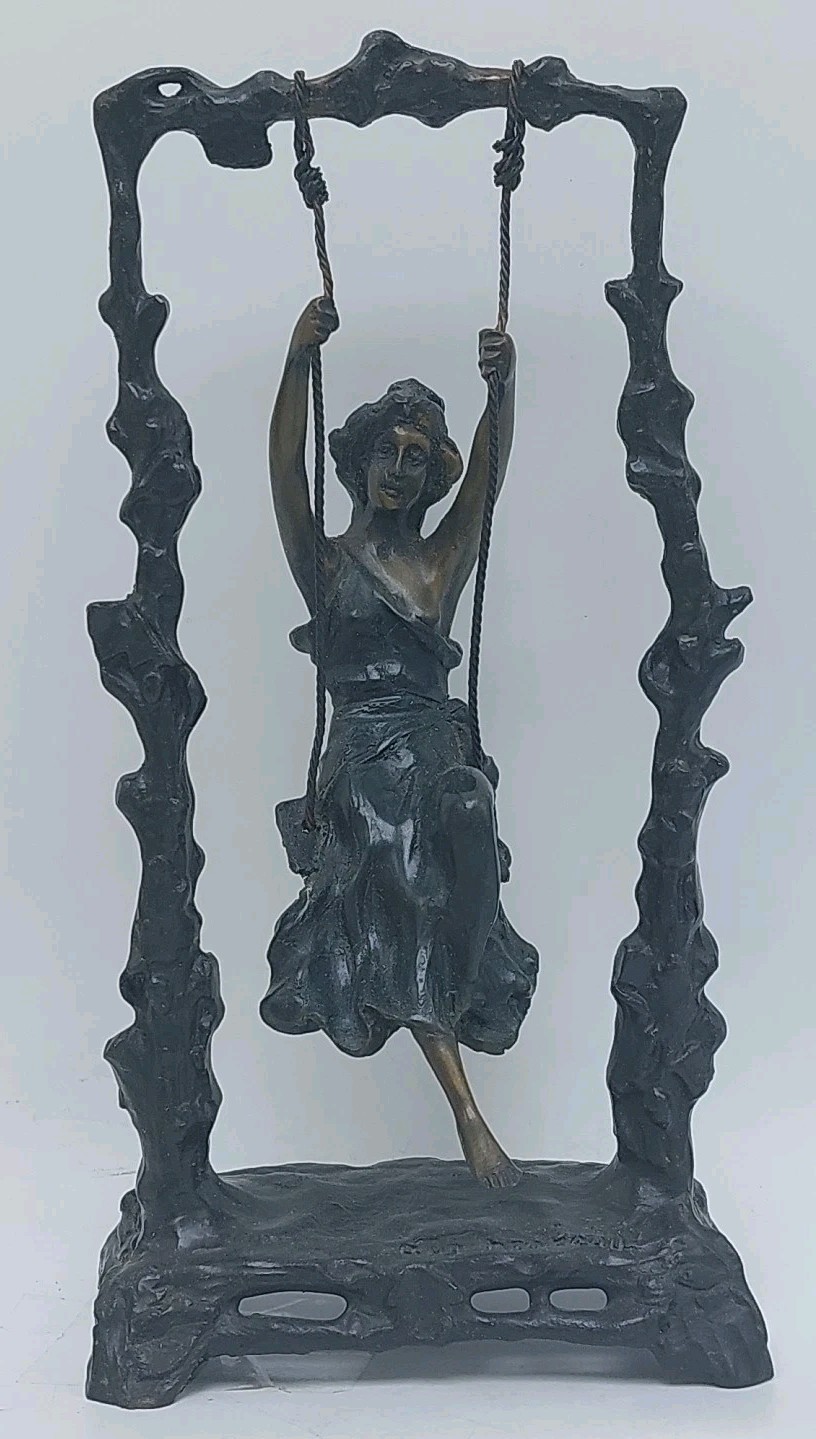 Vintage Cast Bronze LADY ON SWING by Auguste Moreau Signed 8 1/2″ Tall