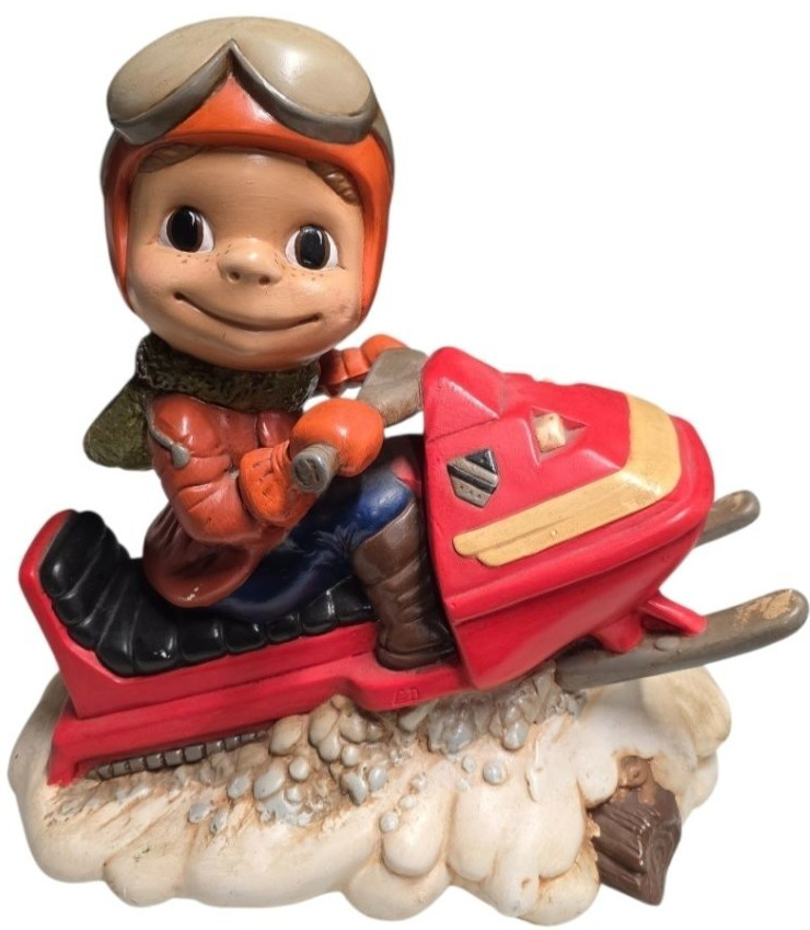 Vintage 70s Smiley Boy Snowmobile Snow Winter Ceramic Figure Ceramics By Wood