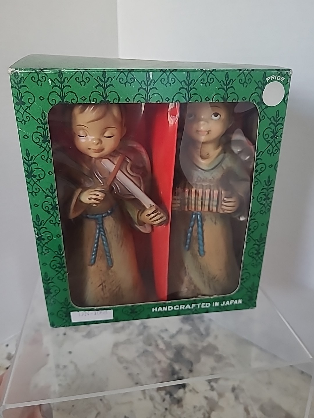 VINTAGE ANGEL BOYS PLAYING VIOLIN & ACCORDIAN MOLDED PLASTIC FIGURINE JAPAN 6″