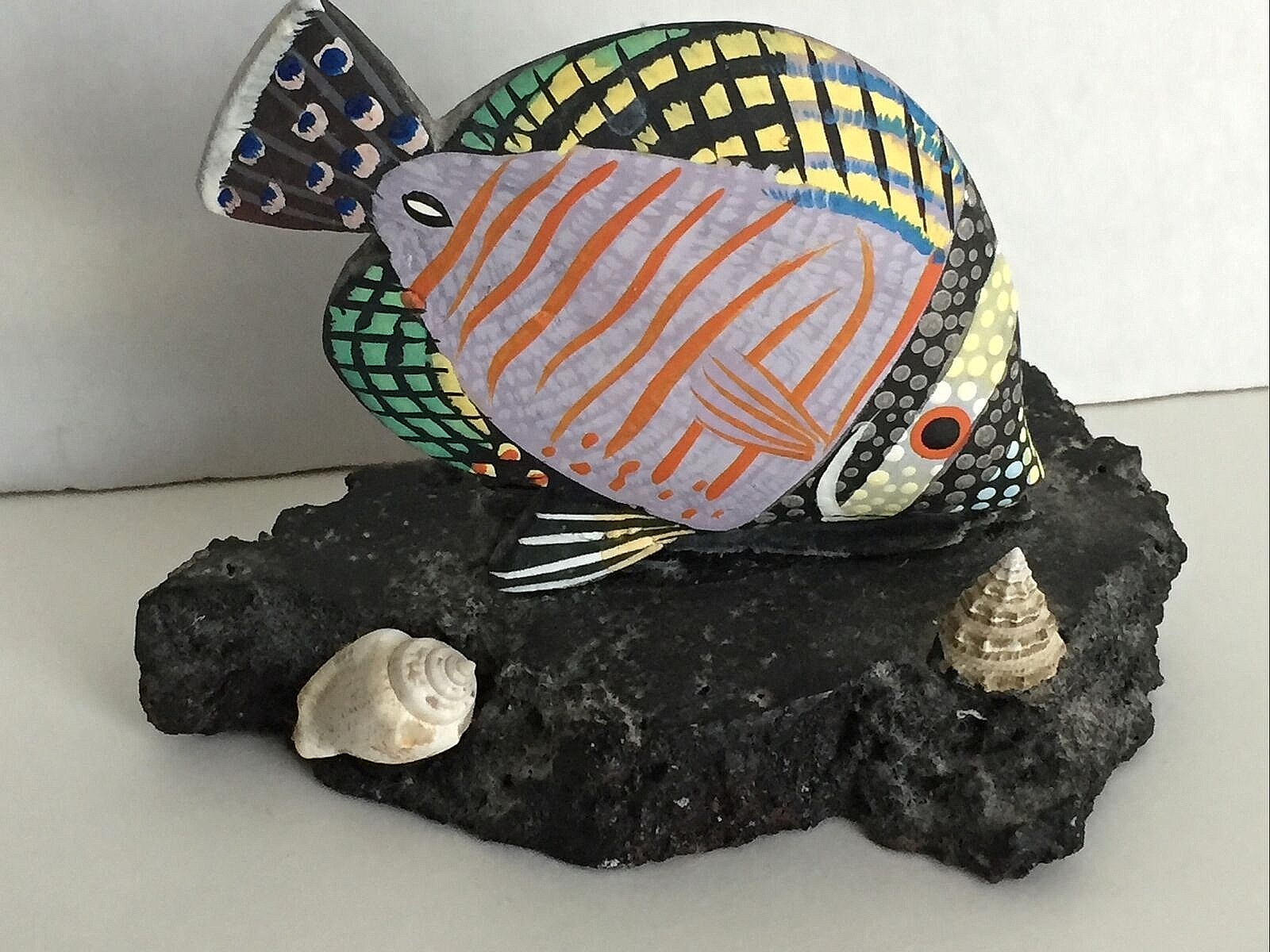 Nautical Colorful Resin Fish Figurine Perched on Black Rock with Sea Shells4″x5″