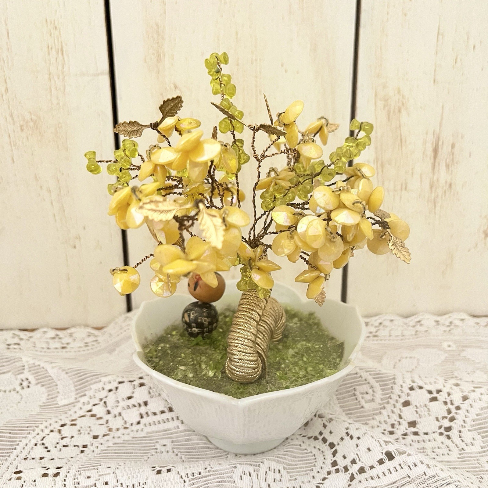 Vintage Bonsai Tree With Mini Bobble Head Kokeshi Doll Yellow Green 7” Unique