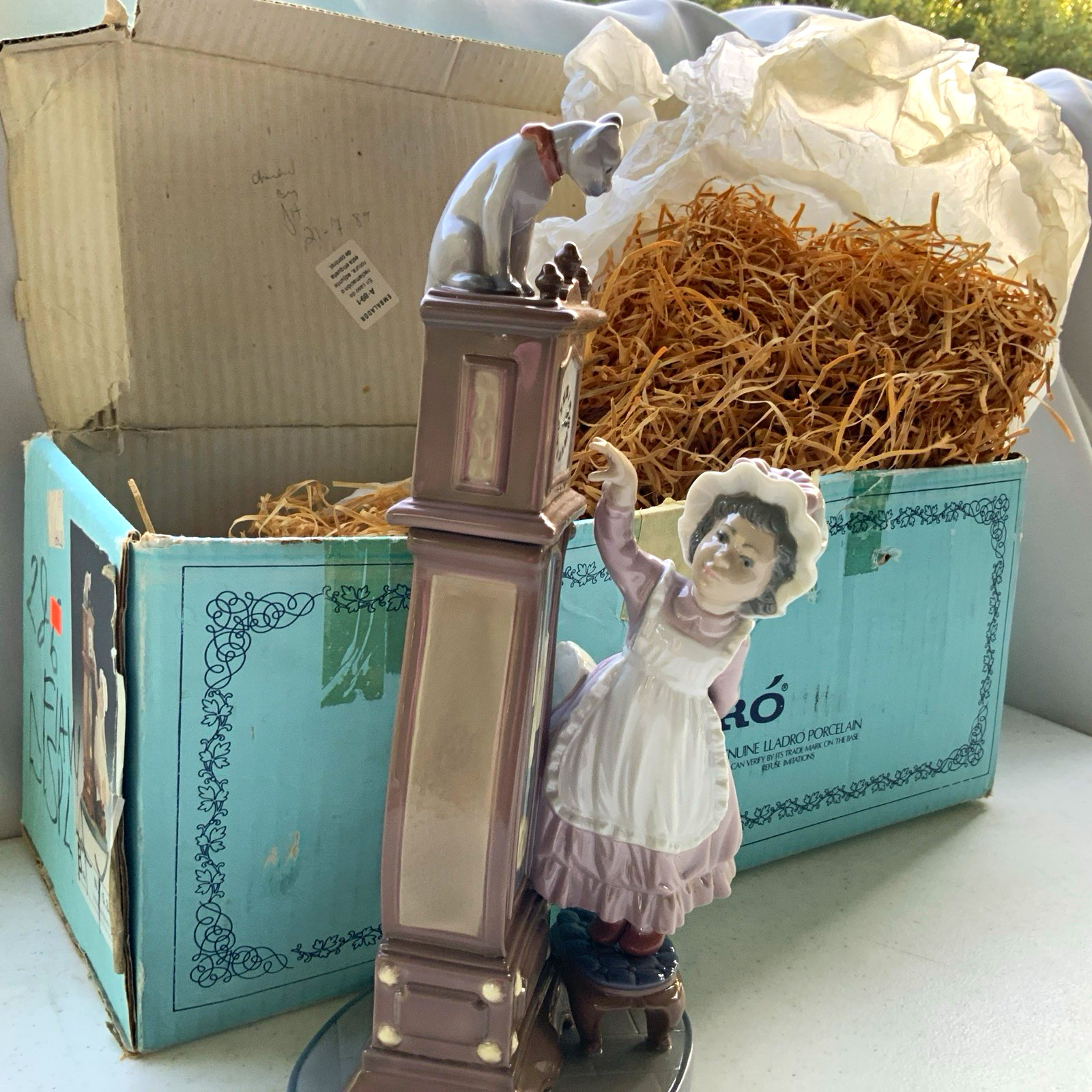 Lladró Porcelain Girl w/ Clock & Cat Figurine, Signed, Boxed, 1974, M