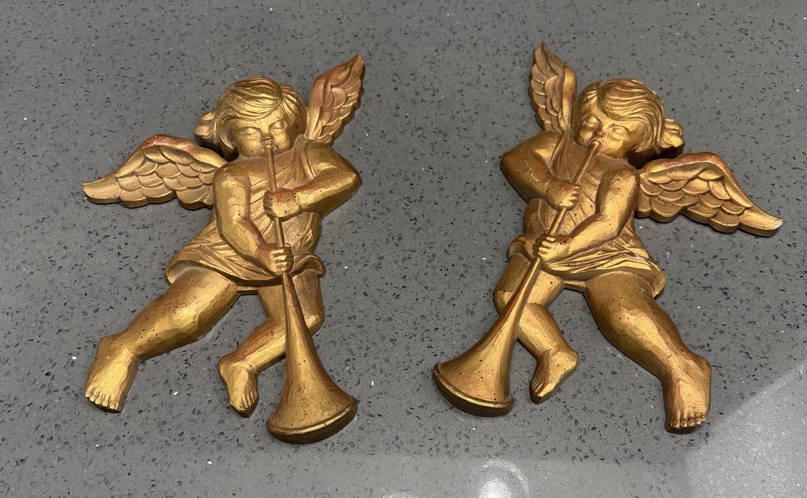 Vtg Cherubs Angels Wall Hanging Decor Gold Playing Horn Set of 2