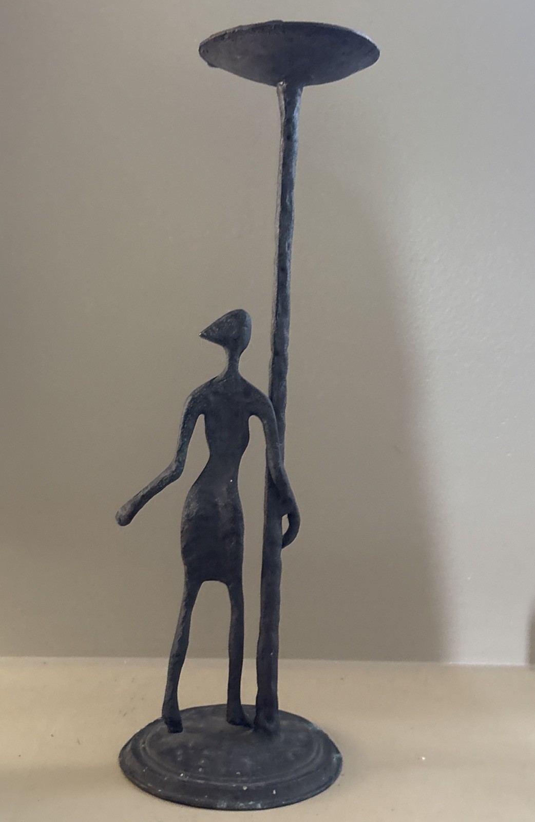 MCM BRONZE IRON BRUTALIST FEMALE FIGURINE SCULPTURE CANDLE HOLDER 14” PETINA 50s