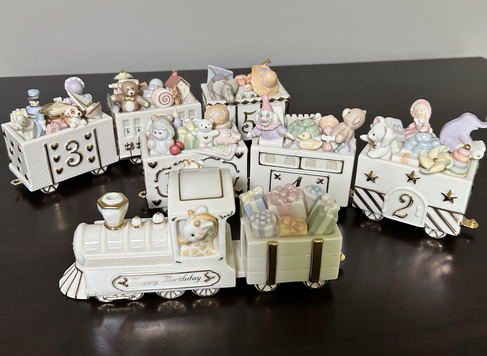 LENOX 7 pc Happy Birthday Express Train Ivory Fine China 24k Gold Hand Painted
