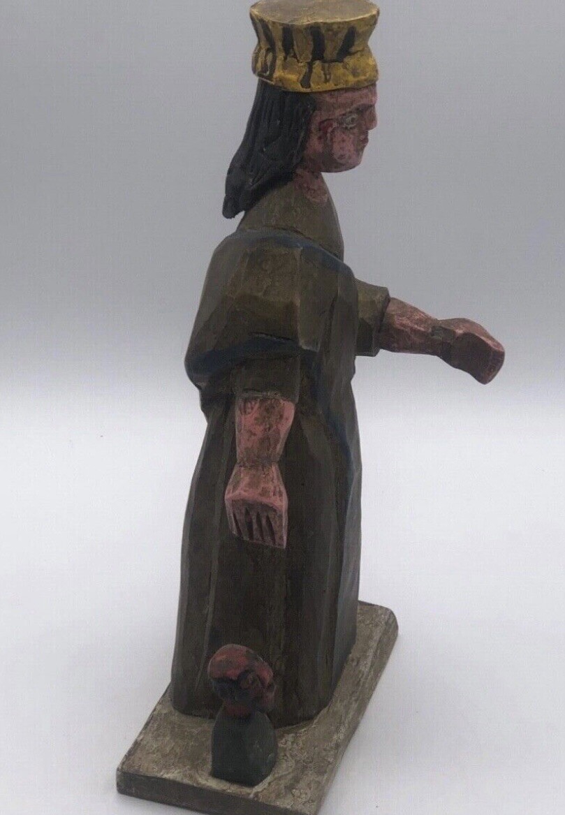 Santa Catarina Brazil Vintage 12.75” Hand Carved Wooden Crowned Figure With Imp