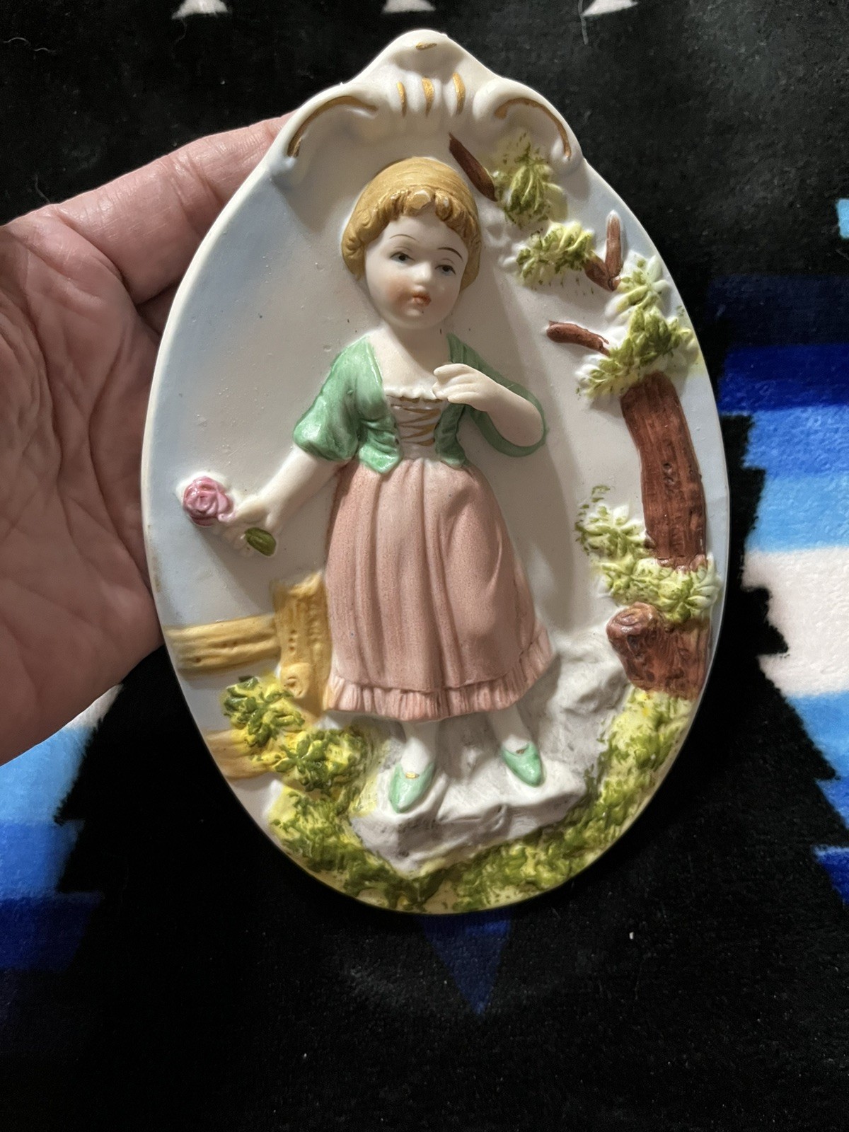 Victorian Wall Plaque By Ardco Girl Bisque Ceramic. Japan Made