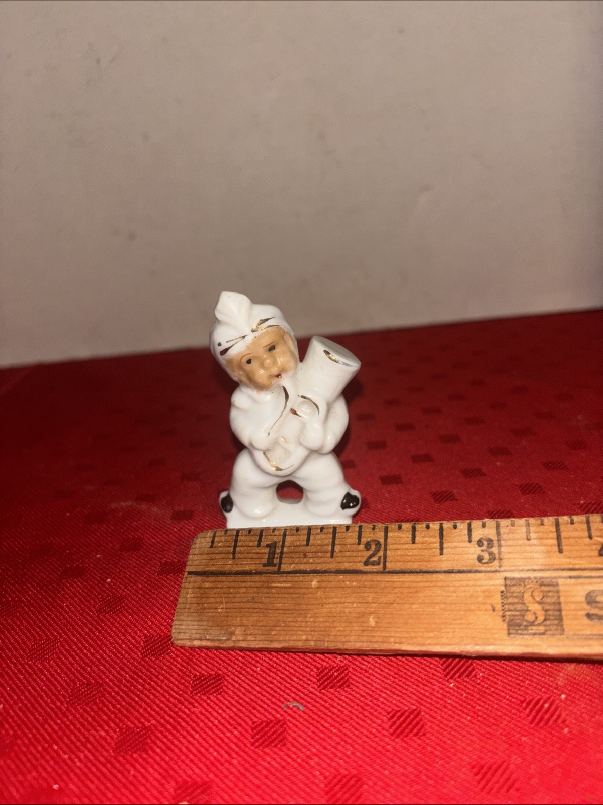 Vintage Japan Ceramic Figurines Boy Playing Instruments White w/ Gold Accents