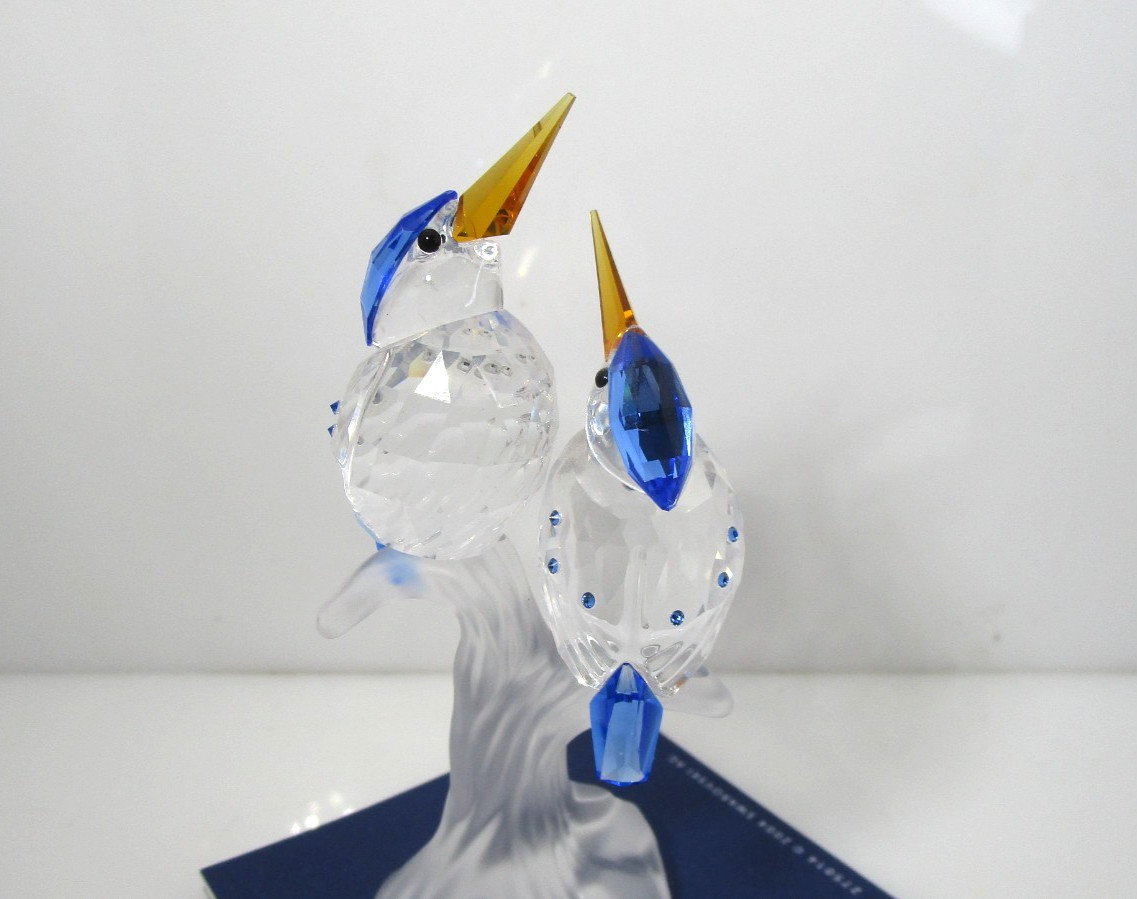 Vintage Swarovski Crystal Malachite Kingfisher Bird Pair with Box Brochure