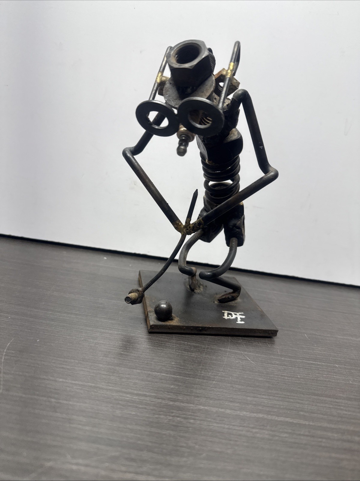 Handcrafted Metal Art Golfer With Club Welded Sculpture Figurine Punk Art