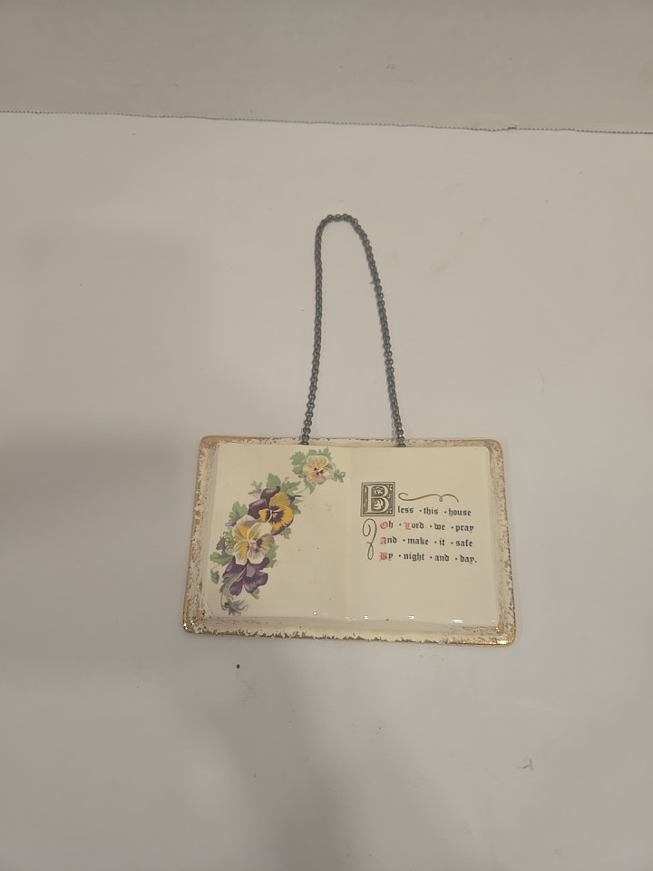 Vintage Ceramic Open Book BLESS THIS HOUSE Flowers Gold Trim Christian Religious