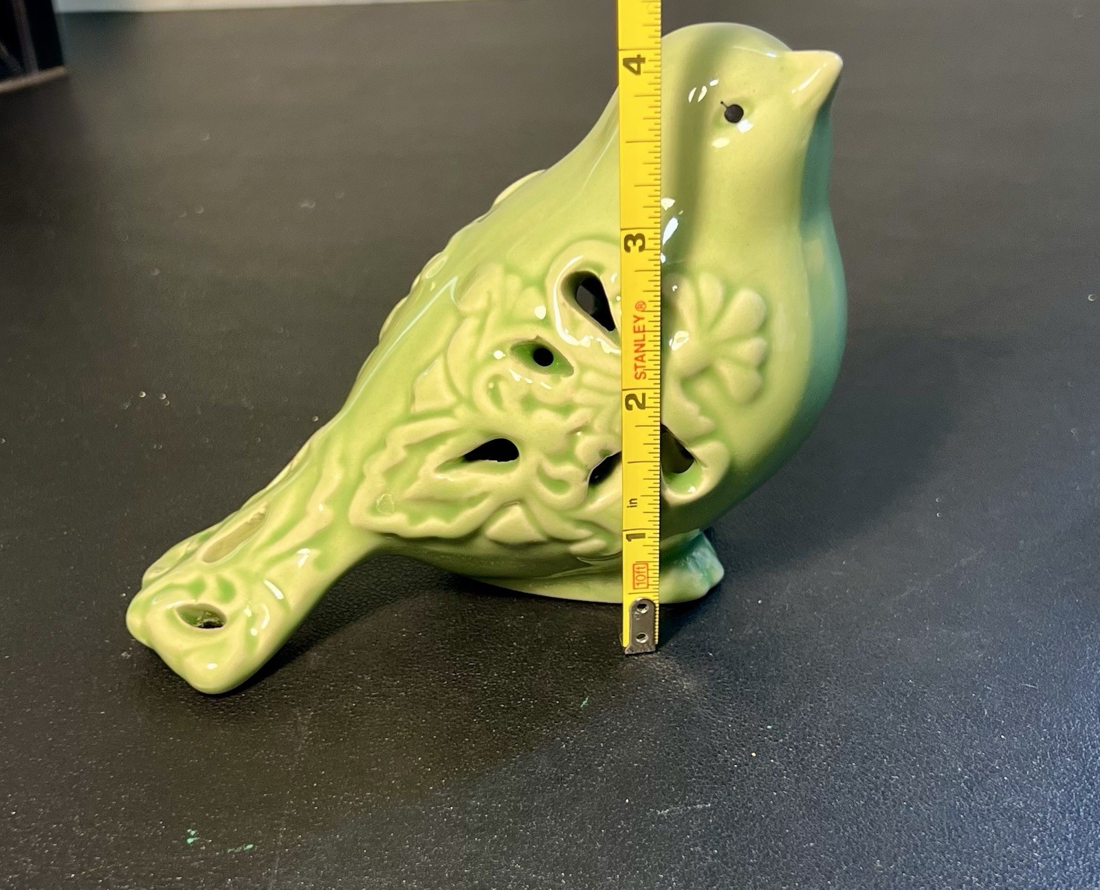 2 Green Ceramic Pierced Floral Bird Figurines, 5×5.5” REPAIRED