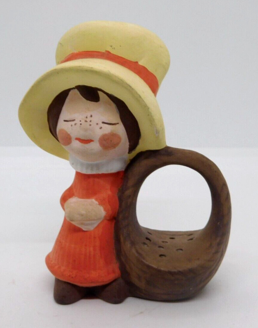 Figure Small Girl With Big Hat Basket 4 Inches Tall Marks On Back Figurine