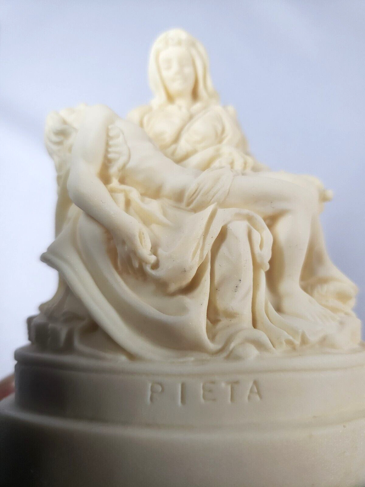 Michelangelo’s Pieta Stone Sculpture On Marble Base Signed