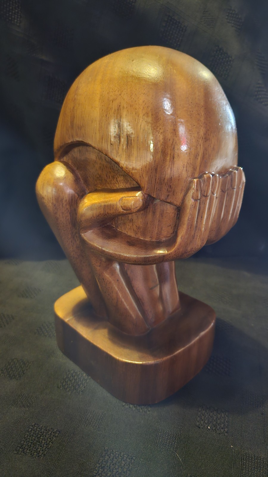 Handcrafted Wooden Sculpture MCM Man In Sorrow Head In Hands Thinking Man Figure