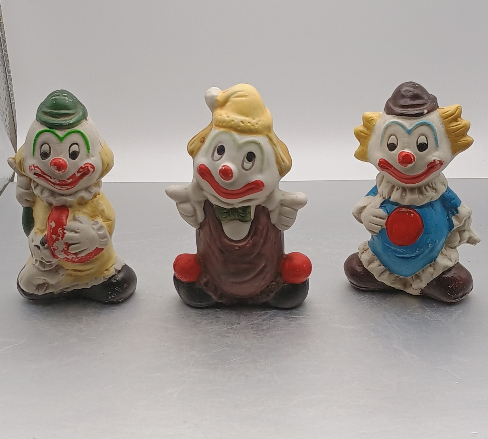Set of 3 Ceramic Clown Circus Figurines Hand Painted Multicolor Matte Finish
