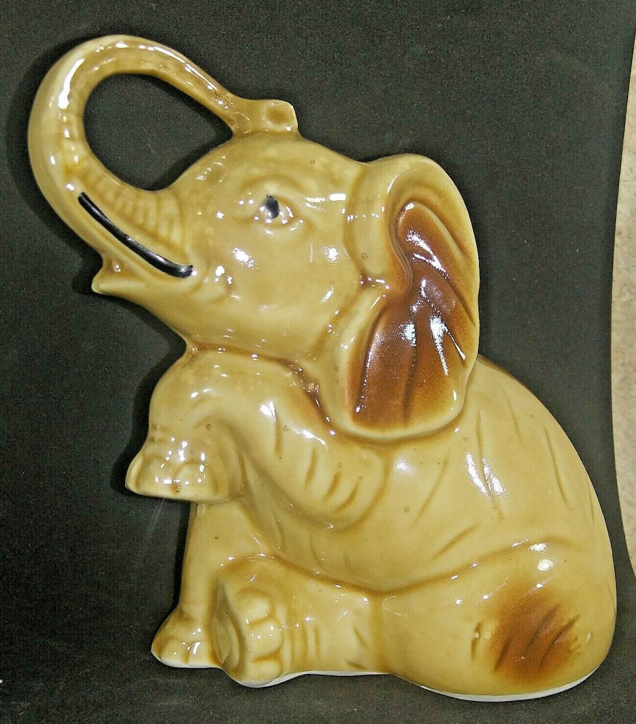 Adorable Cute Small/Medium Ceramic Elephant Made In Brazil Brown / tan Trunks Up