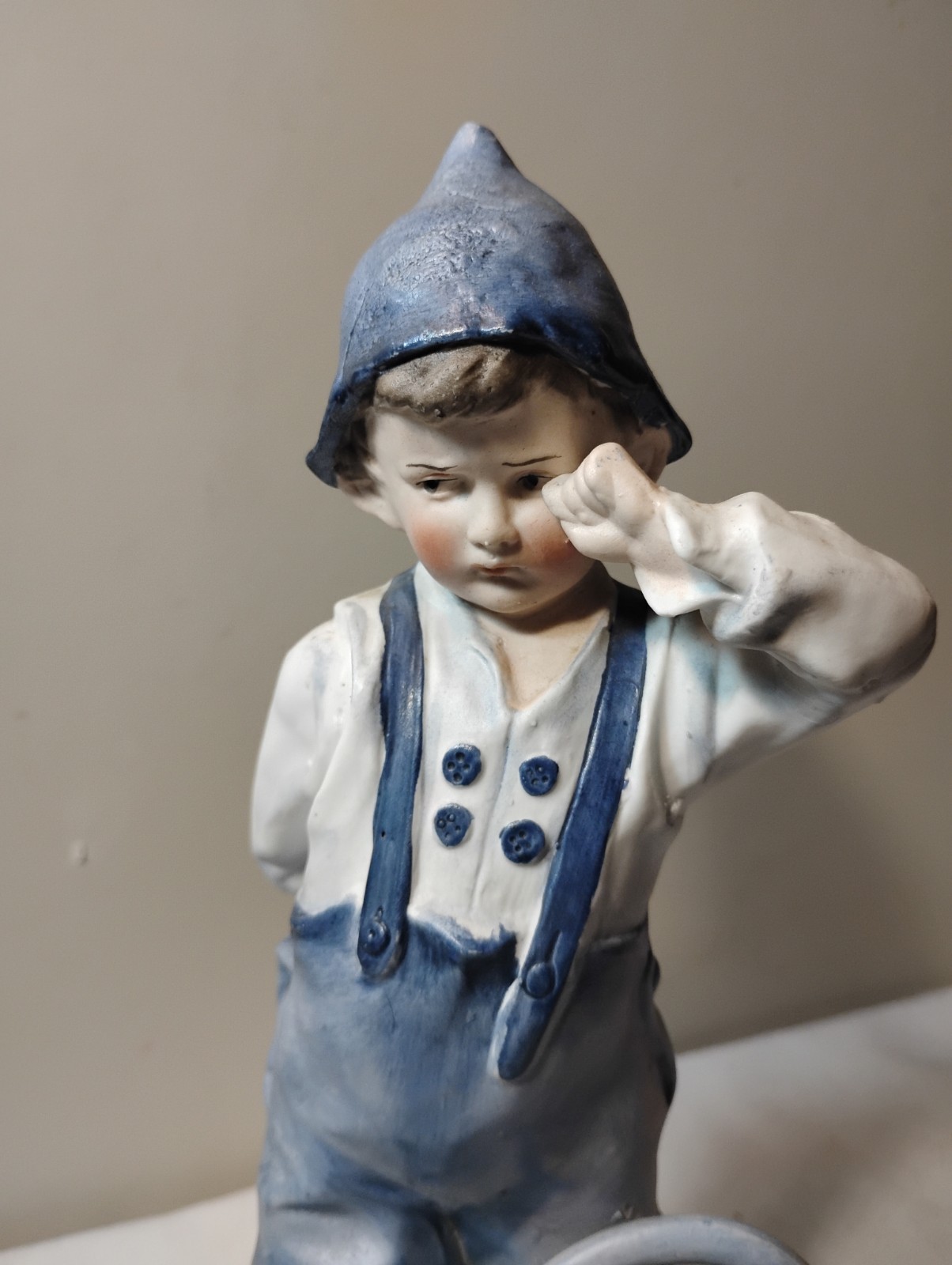 Antique Heubach Bisque Character Figurine Blue Boy w Watering Can Intaglio Eyes