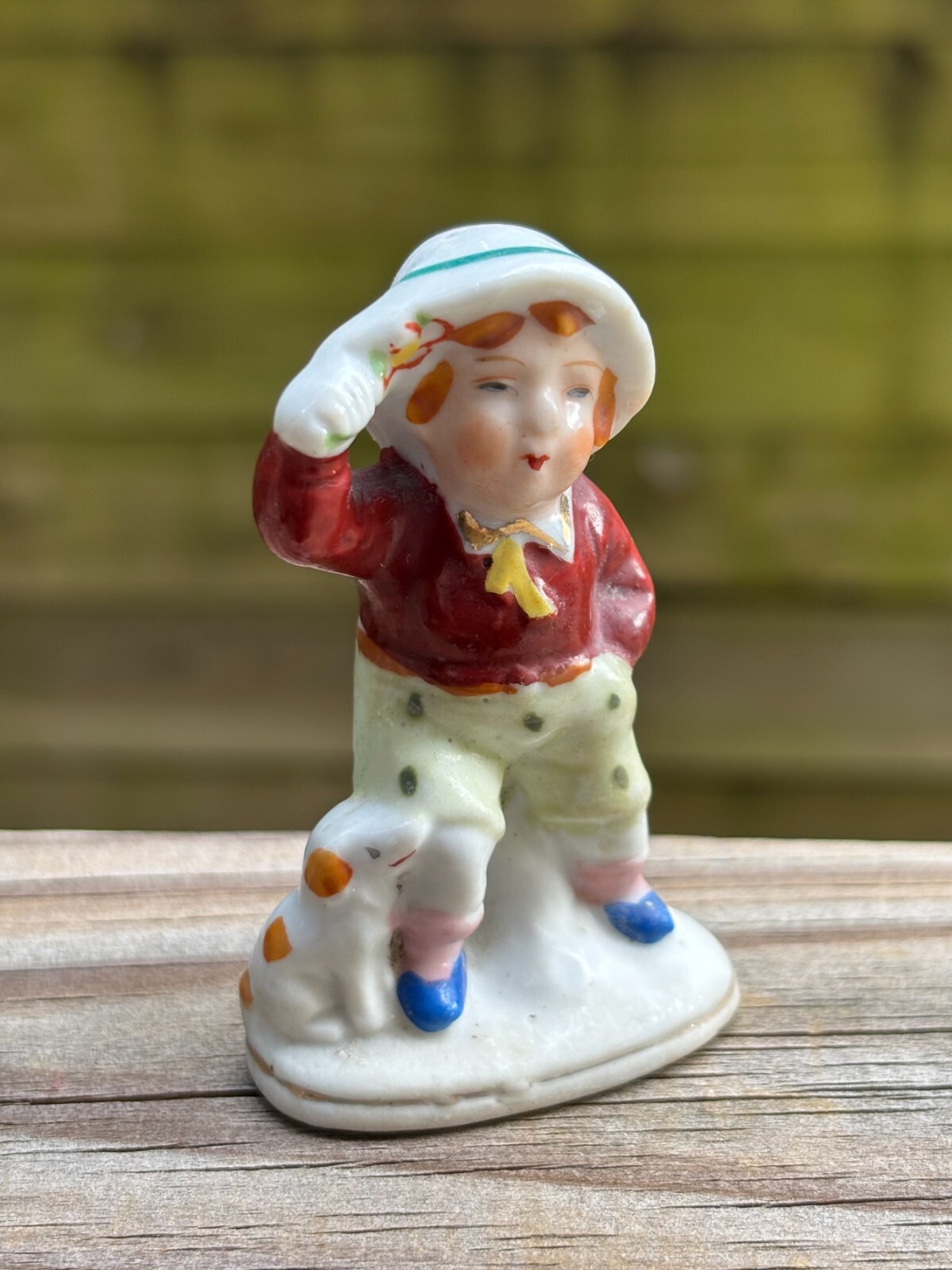 LITTLE BOY w/a Hat & His Puppy 2 3/4″ TALL Porcelain Made In OCCUPIED JAPAN EUC