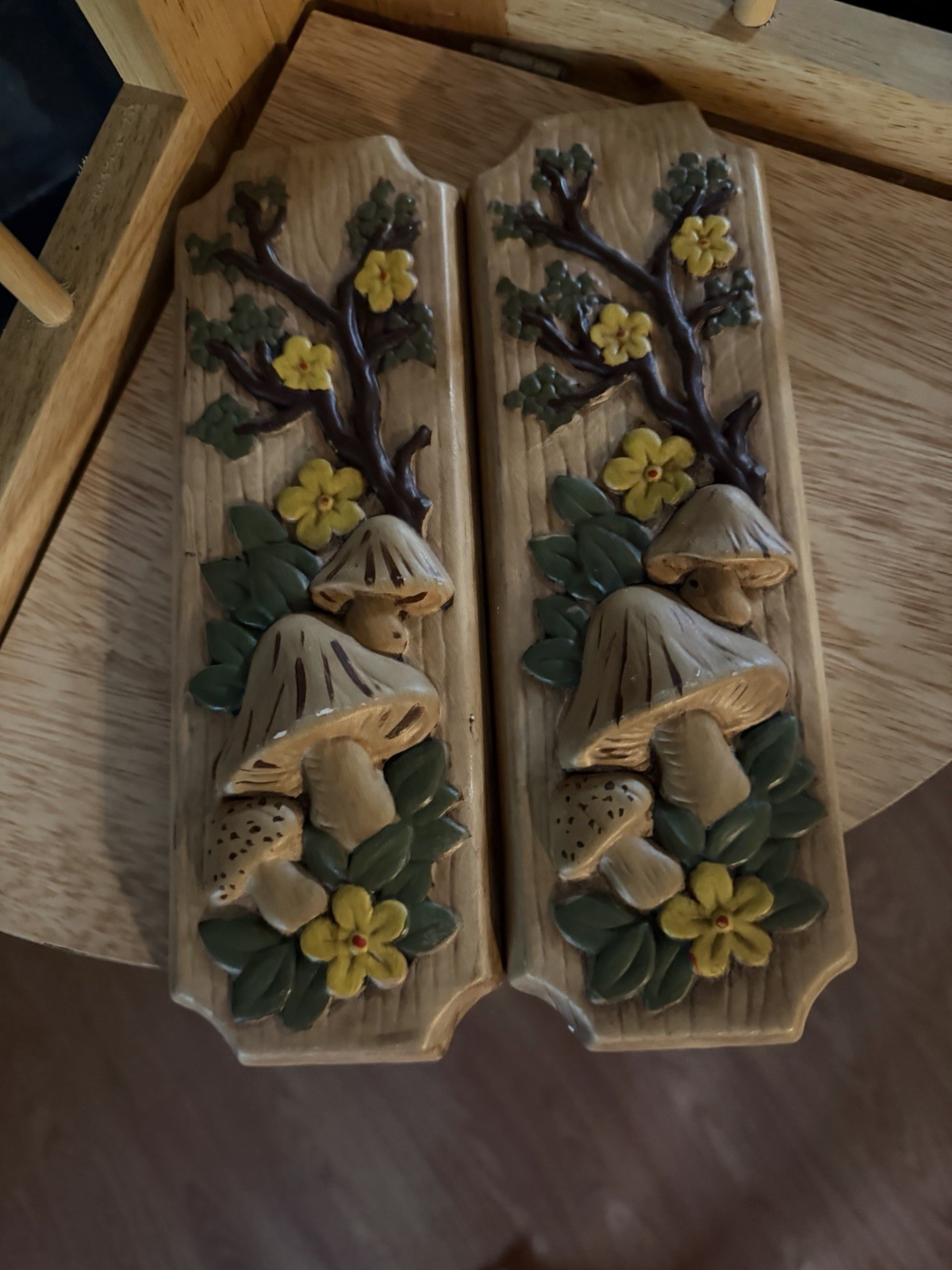 Set of 2 vintage 1970s mushroom and flower wall plaques. Hand Painted Mint.