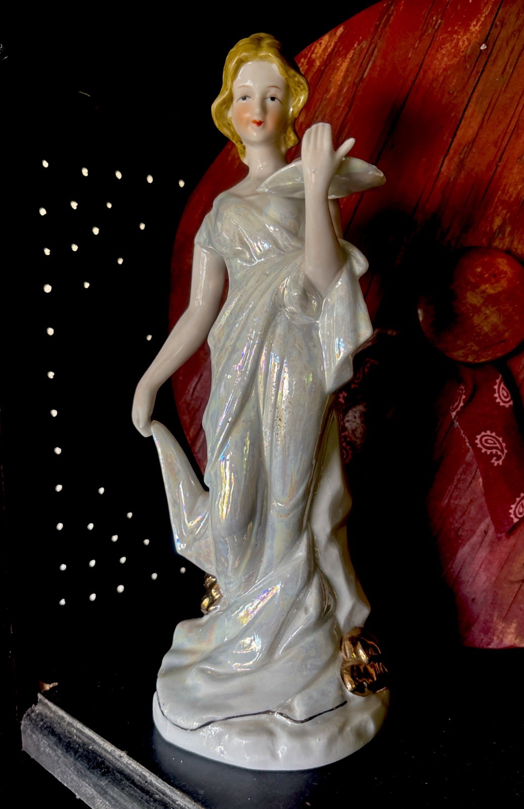 Vintage Beautiful Woman In Blue Dress Gold Accents Porcelain Figurine- Taiwan