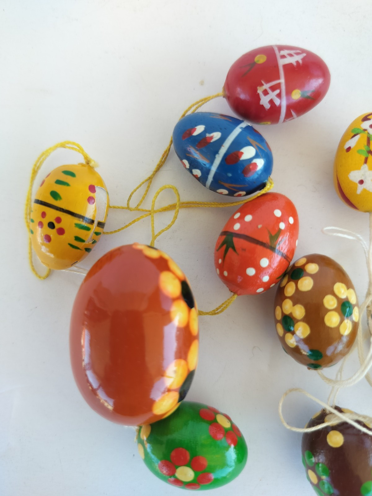 Lot of 11 Wooden Hand Painted Egg Ornaments Spring Vintage German Brown Red