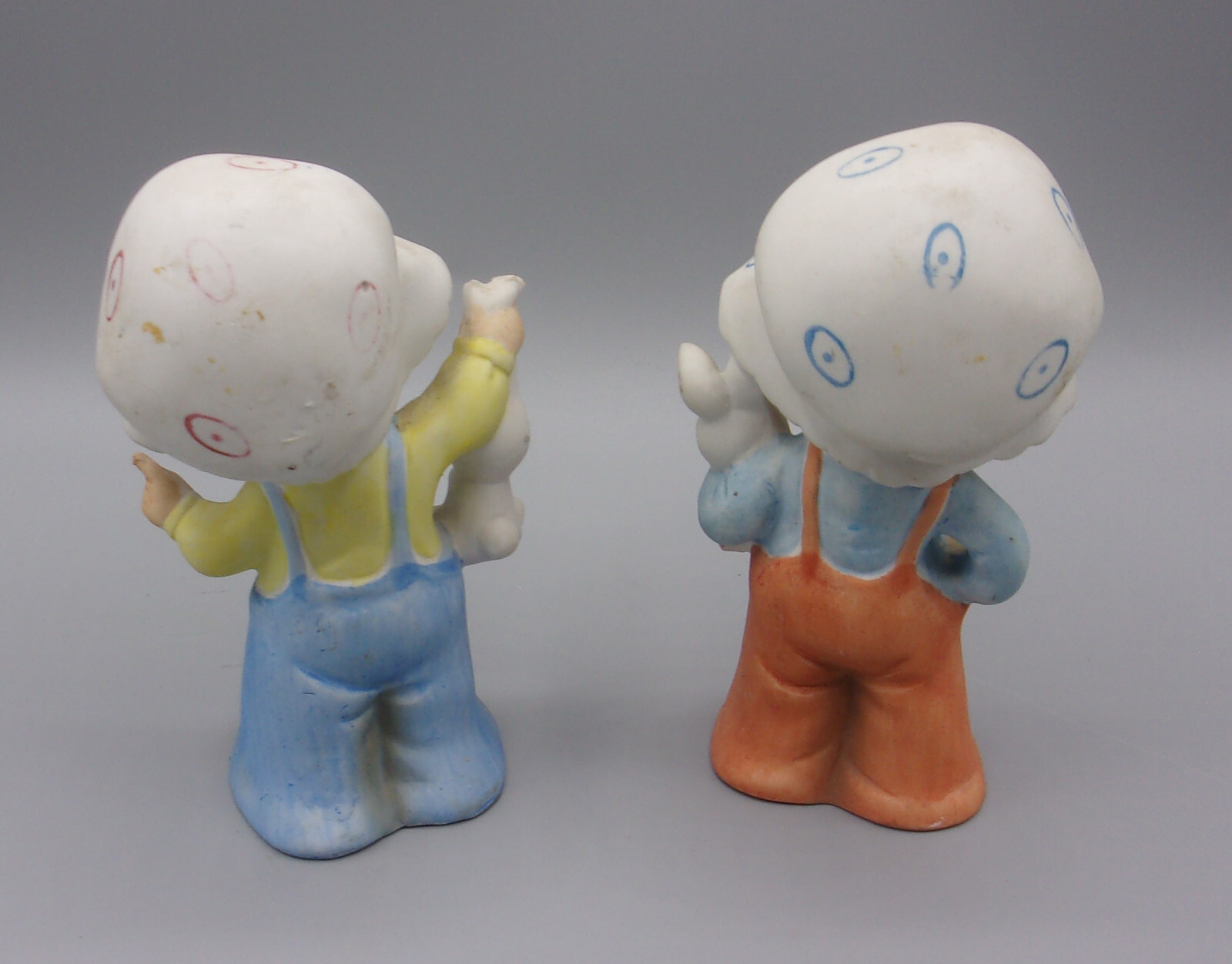 Vintage Norleans Porcelain Boy Girl Figurines W/ Hats & Overalls Bunnies Japan