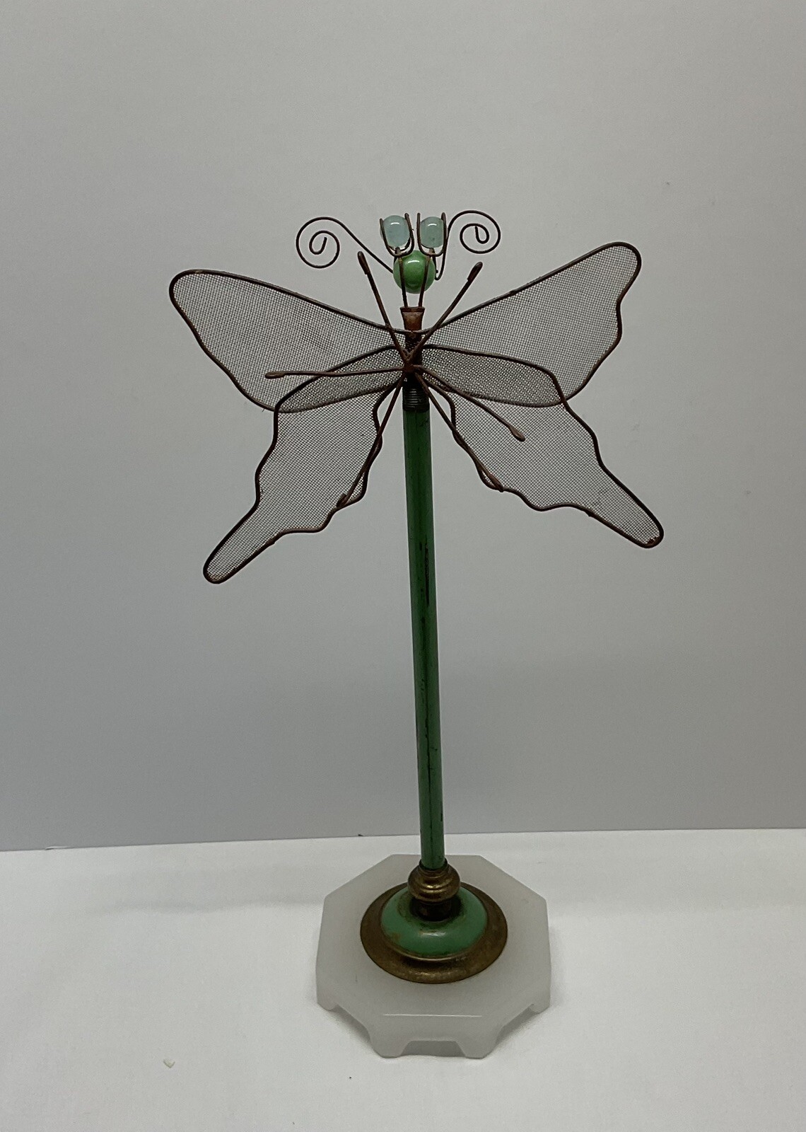Vintage Turquoise Metal Mesh Butterfly On Marble Stand