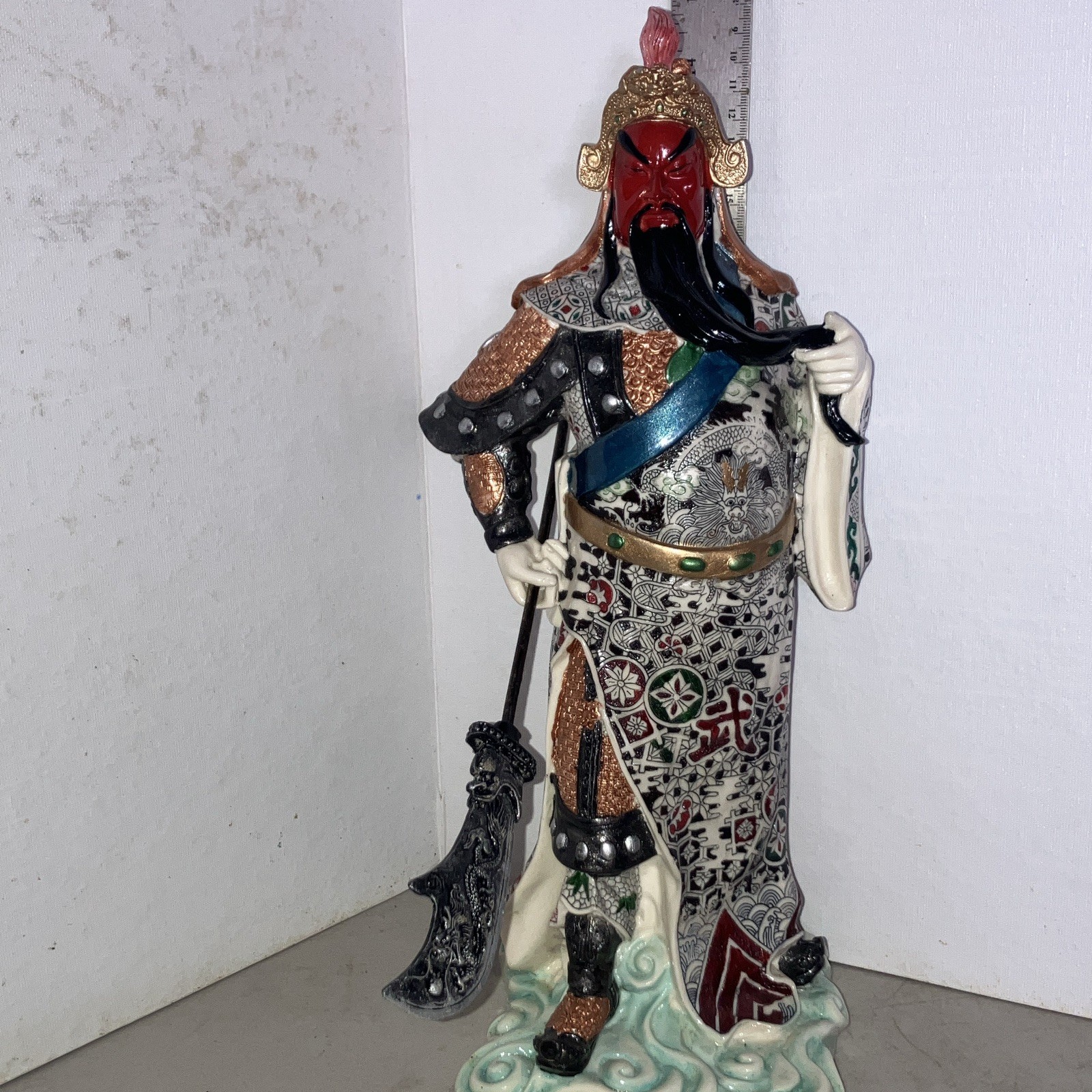 Hand Painted Asian Warrior Ceramic Figurine, Glossy Floral Base, 14 in