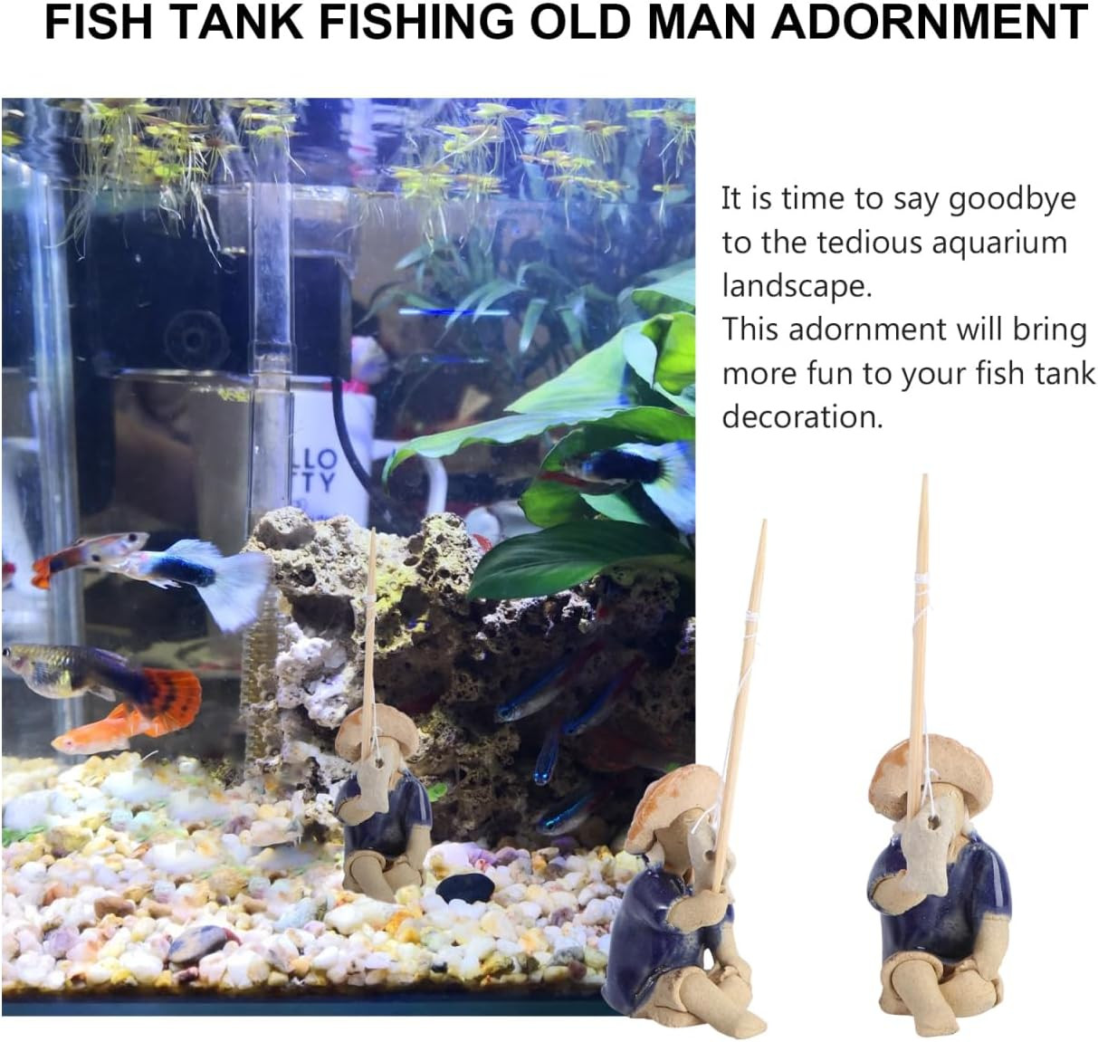 2 Pcs Mini Sitting Fishing Figurines, Ceramic Fisherman Figurines for Fish Tank