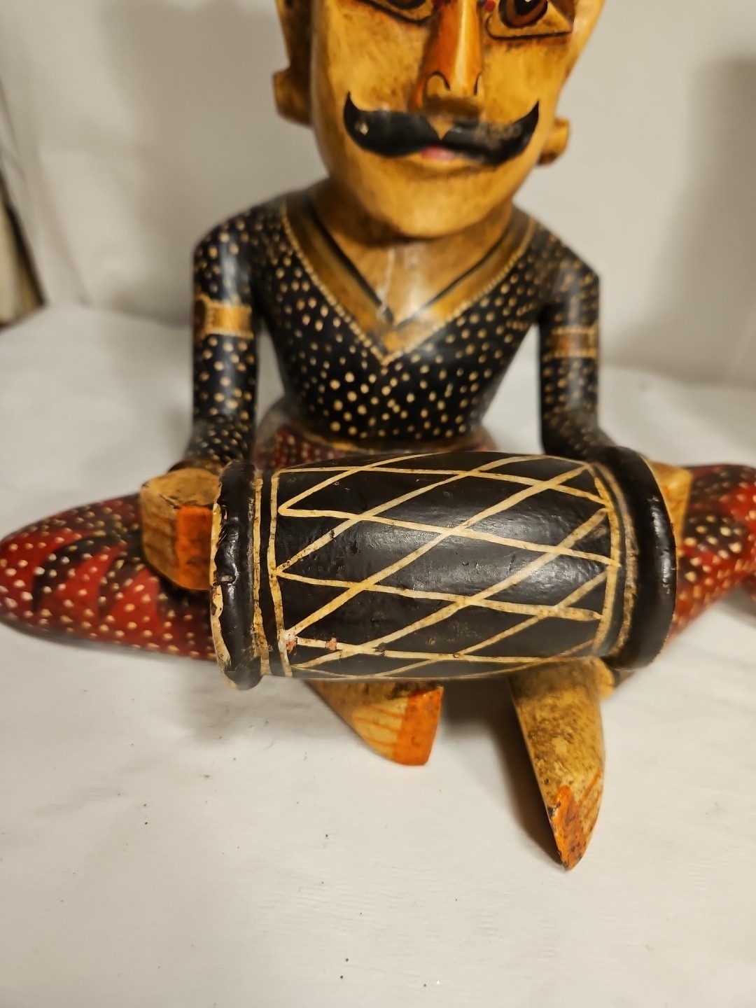 Pair of Vtg. Rajasthani Art Hand Carved Wooden Sitting Indian Musician Figurines