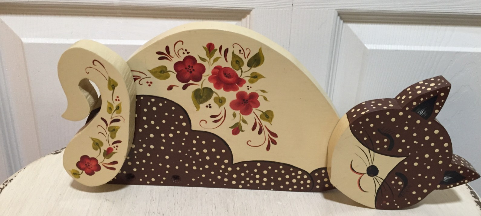 Vtg Folk Art Hand Painted Artist Signed CAT Shelf Articulated Head Tail Move