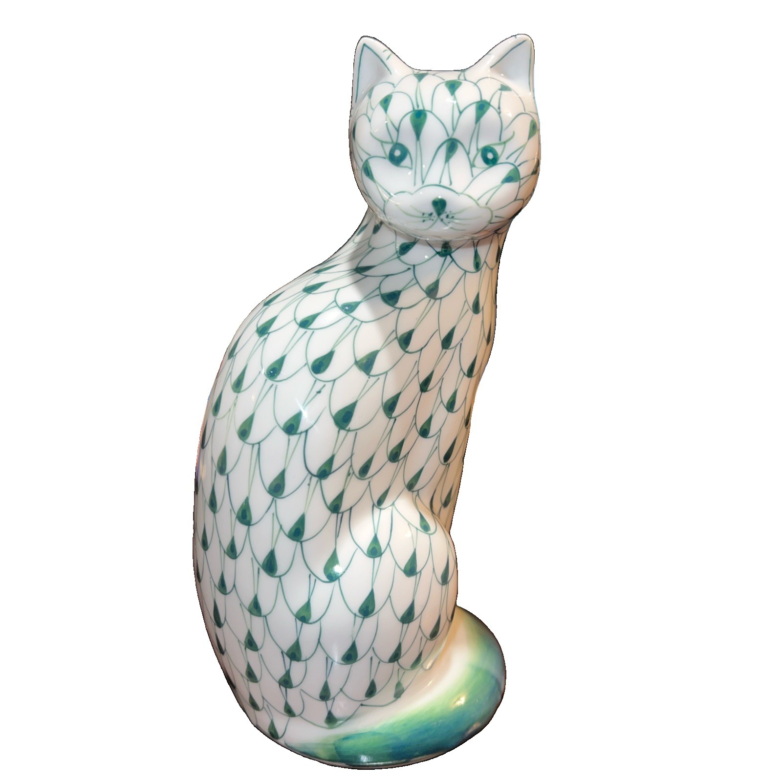 Vtg Andrea by Sadek porcelain cat figurine hand-painted green fishnet pattern