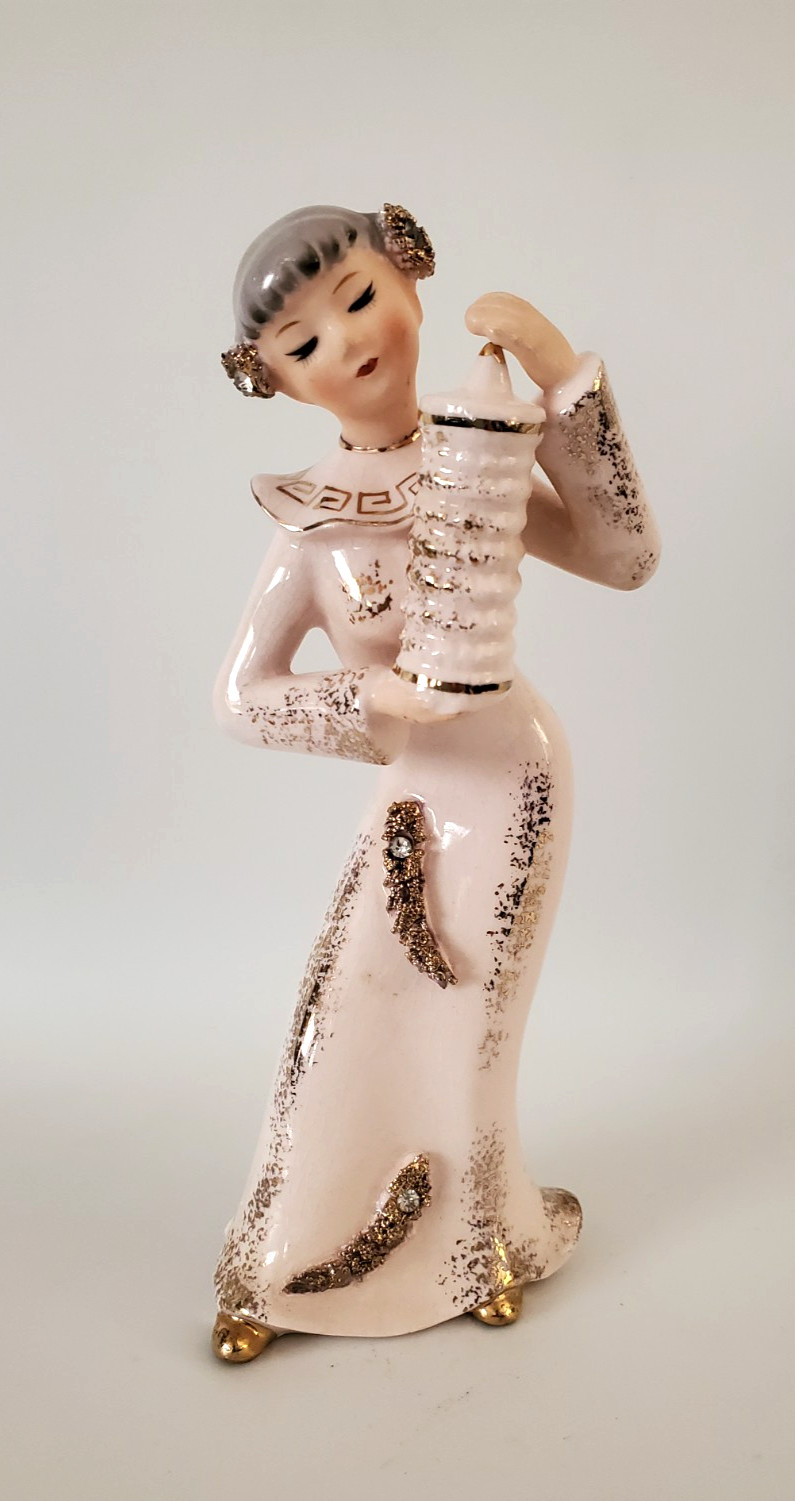 VINTAGE FEMALE ASIAN FIGURINE PINK GOLD TRIM AND RHINESTONES